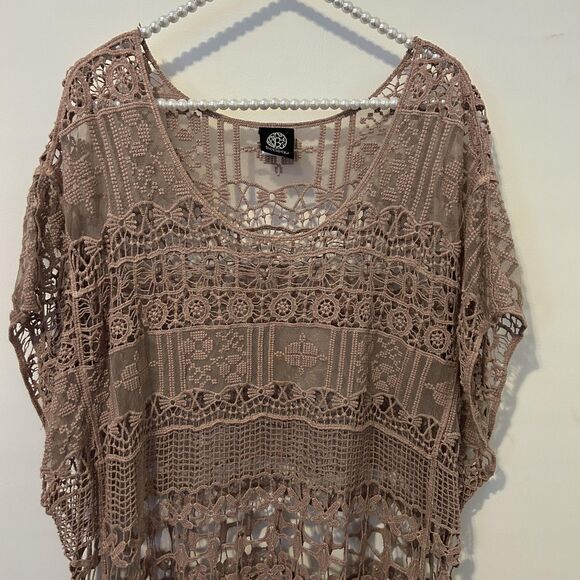 Bobeau Shirt Womens 3X Taupe Crochet Lace Sheer Tunic Cover Up Beach Boho Kimono - Picture 3 of 12
